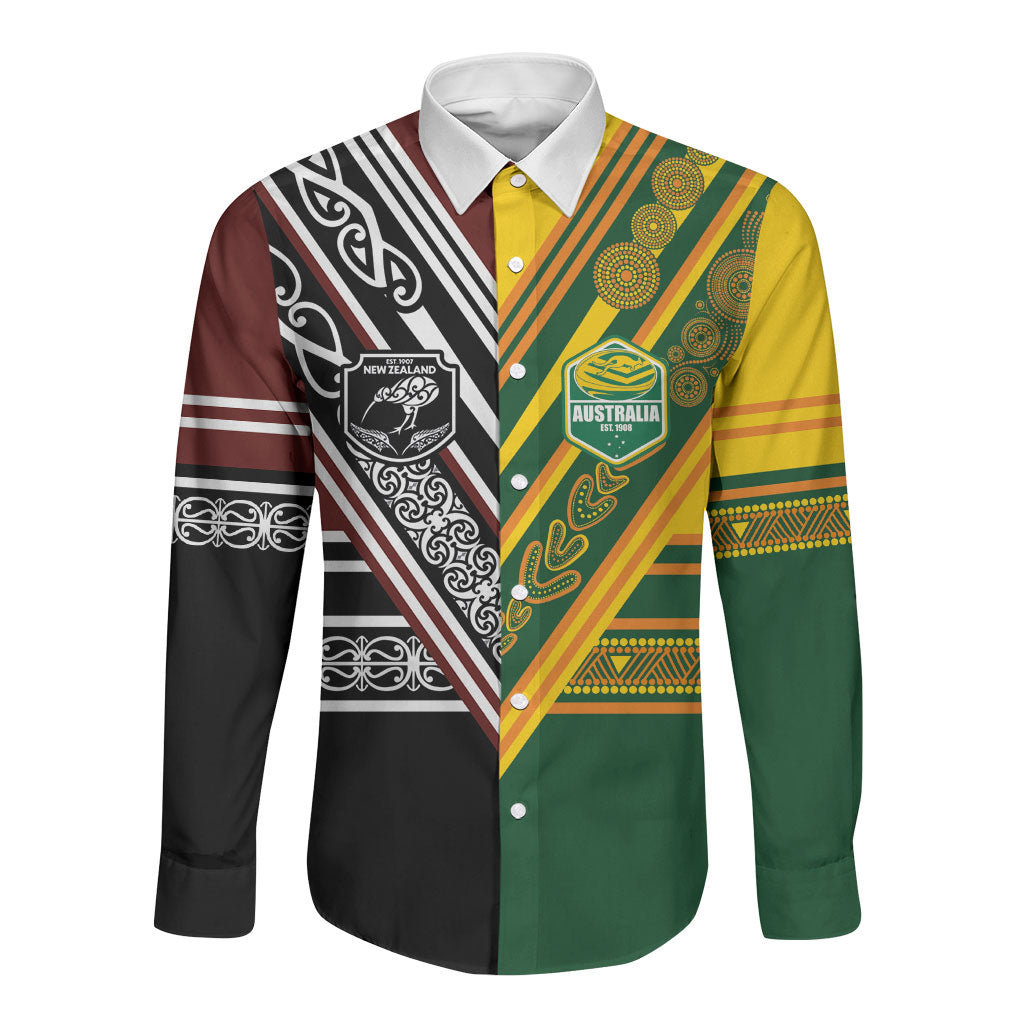 Custom Rugby New Zealand and Australia Long Sleeve Button Shirt Burgundy Koru Geometric with Aboriginal Chevron Sport Style LT03 Unisex Multicolor - Polynesian Pride