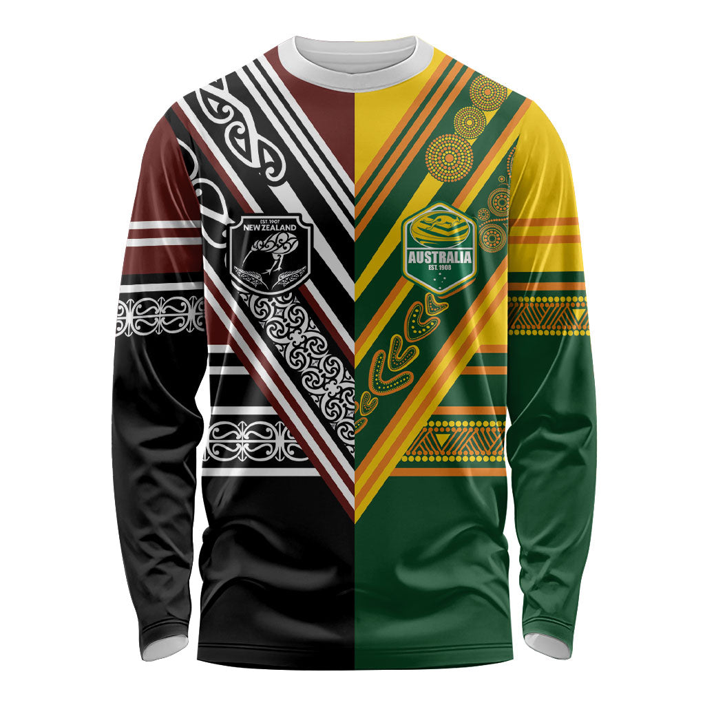 Custom Rugby New Zealand and Australia Long Sleeve Shirt Burgundy Koru Geometric with Aboriginal Chevron Sport Style LT03 Unisex Multicolor - Polynesian Pride