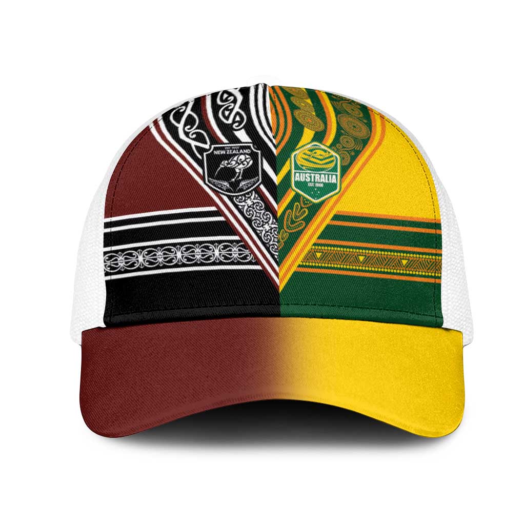 New Zealand and Australia Rugby Mesh Trucker Cap Burgundy Koru Geometric with Aboriginal Chevron Sport Style LT03 One Size White Multicolor - Polynesian Pride