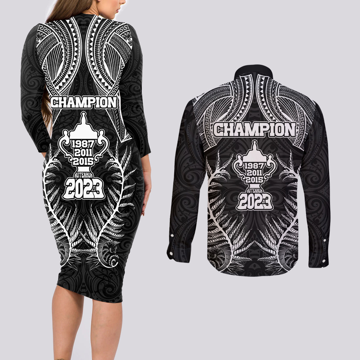 New Zealand Rugby Couples Matching Long Sleeve Bodycon Dress and Long Sleeve Button Shirt Aotearoa Champion Cup History with Silver Fern LT03 - Polynesian Pride