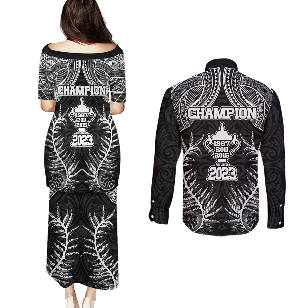 New Zealand Rugby Couples Matching Puletasi Dress and Long Sleeve Button Shirt Aotearoa Champion Cup History with Silver Fern LT03 - Polynesian Pride