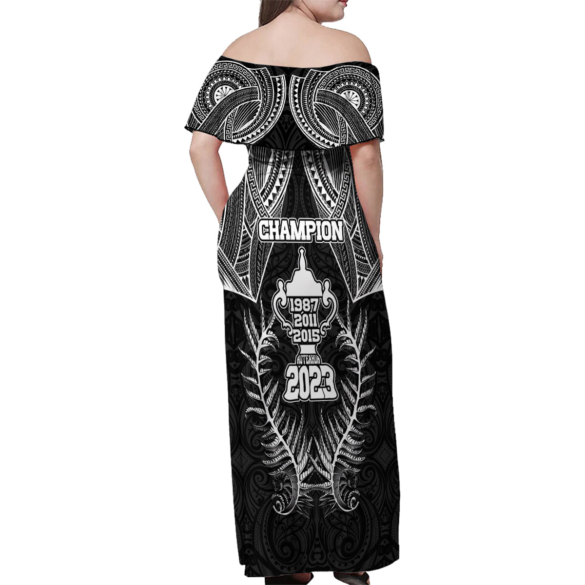 New Zealand Rugby Family Matching Off Shoulder Maxi Dress and Hawaiian Shirt Aotearoa Champion Cup History with Silver Fern LT03 - Polynesian Pride