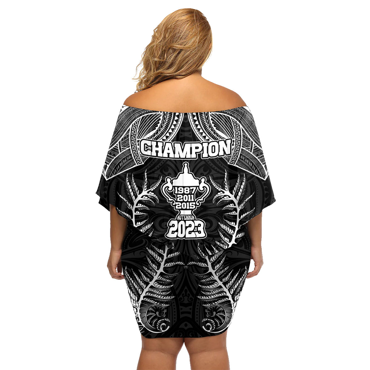 New Zealand Rugby Family Matching Off Shoulder Short Dress and Hawaiian Shirt Aotearoa Champion Cup History with Silver Fern LT03 - Polynesian Pride