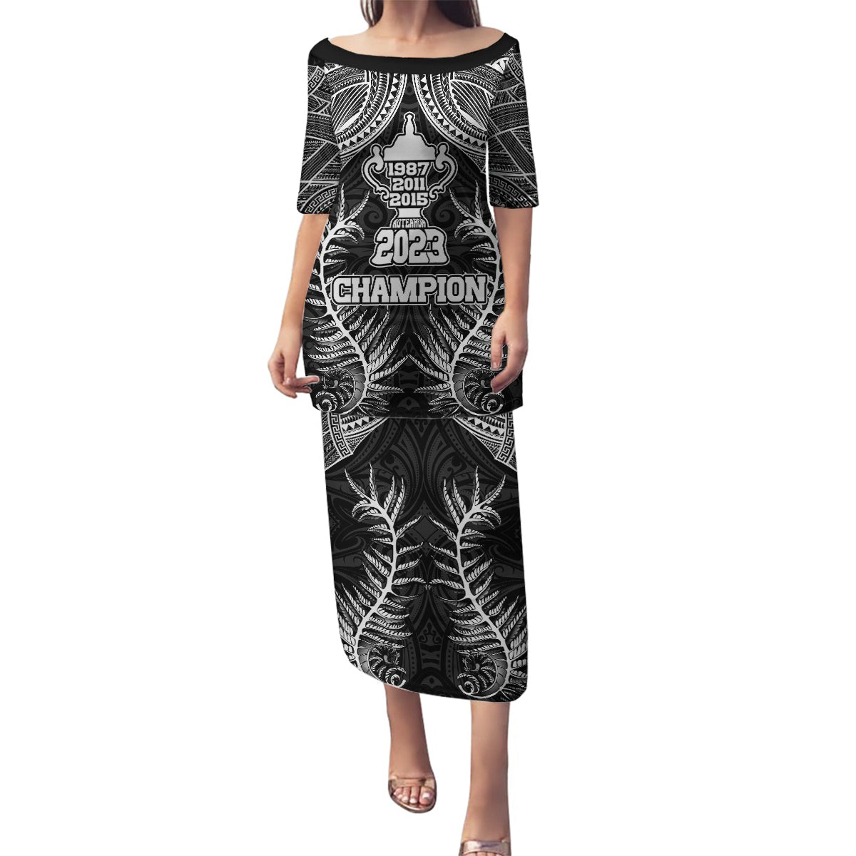 New Zealand Rugby Family Matching Puletasi Dress and Hawaiian Shirt Aotearoa Champion Cup History with Silver Fern LT03 Mom's Dress Black - Polynesian Pride
