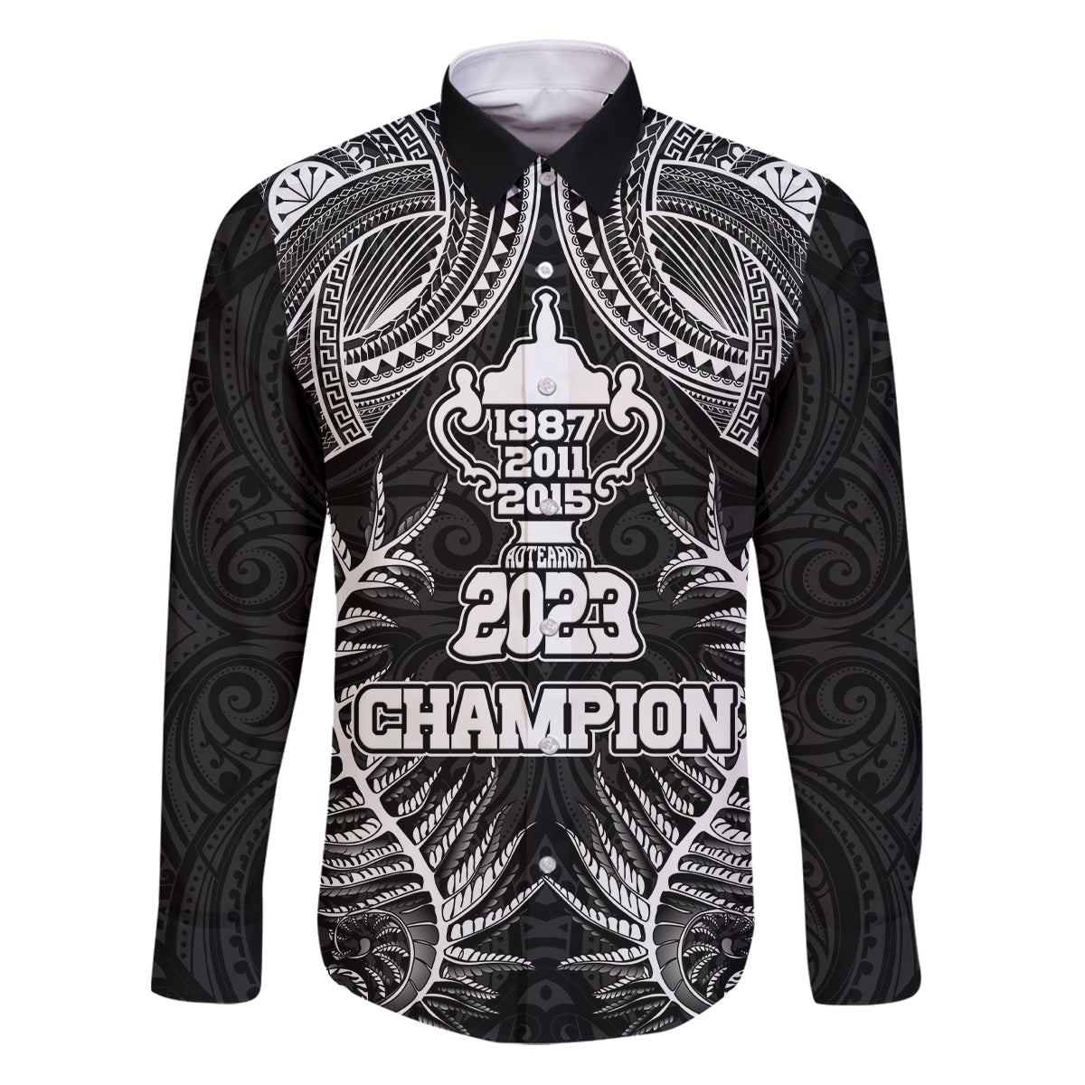 Custom New Zealand Rugby Family Matching Puletasi Dress and Hawaiian Shirt Aotearoa Champion Cup History with Silver Fern LT03 Dad's Shirt - Long Sleeve Black - Polynesian Pride