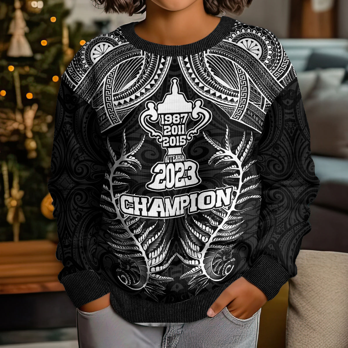 Custom New Zealand Rugby Kid Ugly Christmas Sweater Aotearoa Champion Cup History with Silver Fern LT03 - Polynesian Pride