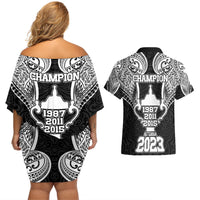 New Zealand Rugby Couples Matching Off Shoulder Short Dress and Hawaiian Shirt Aotearoa Champion Cup History with Haka Dance LT03 - Polynesian Pride