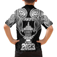 New Zealand Rugby Family Matching Off Shoulder Short Dress and Hawaiian Shirt Aotearoa Champion Cup History with Haka Dance LT03 - Polynesian Pride