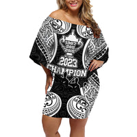 New Zealand Rugby Family Matching Off Shoulder Short Dress and Hawaiian Shirt Aotearoa Champion Cup History with Haka Dance LT03 Mom's Dress Black - Polynesian Pride