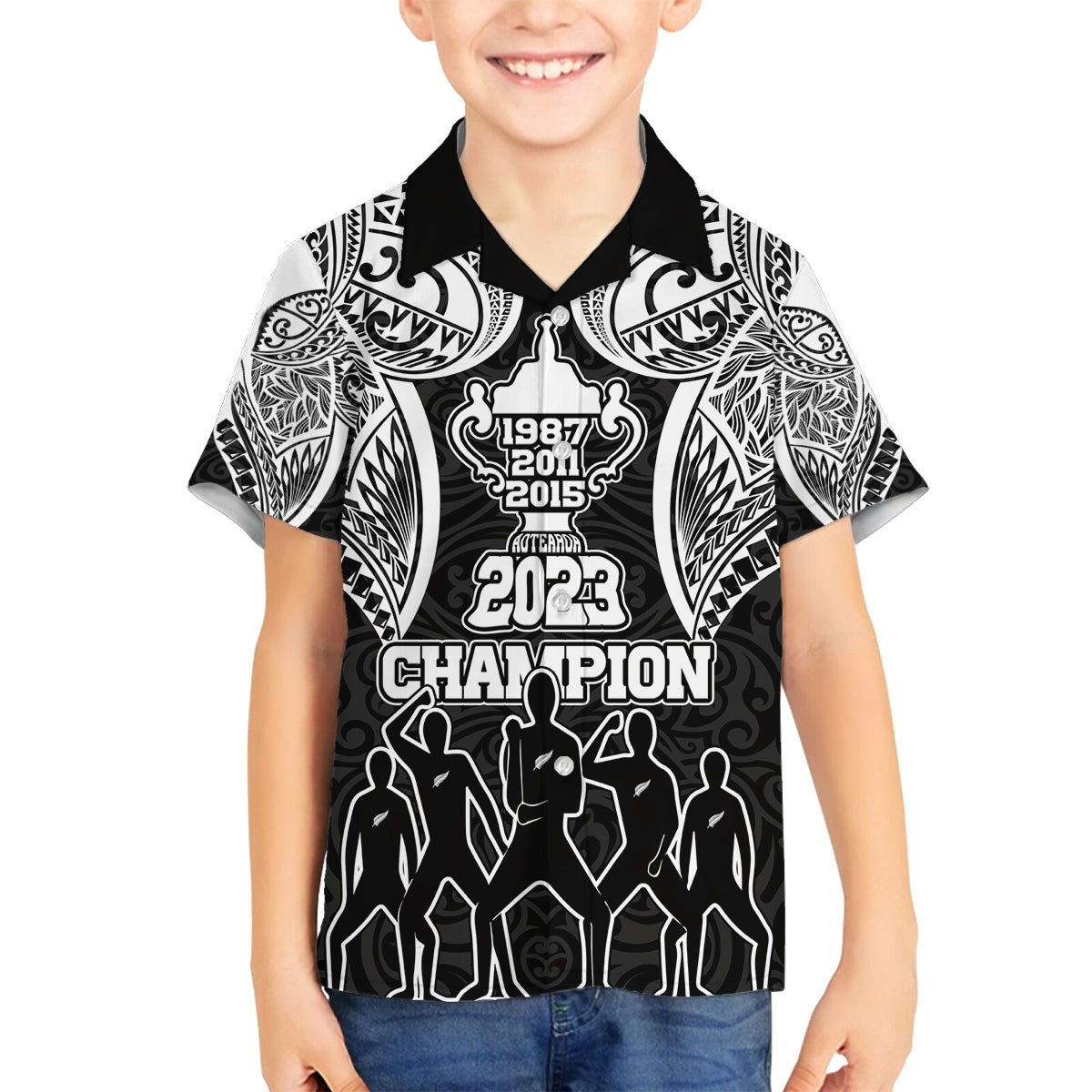 New Zealand Rugby Family Matching Puletasi Dress and Hawaiian Shirt Aotearoa Champion Cup History with Haka Dance LT03 Son's Shirt Black - Polynesian Pride
