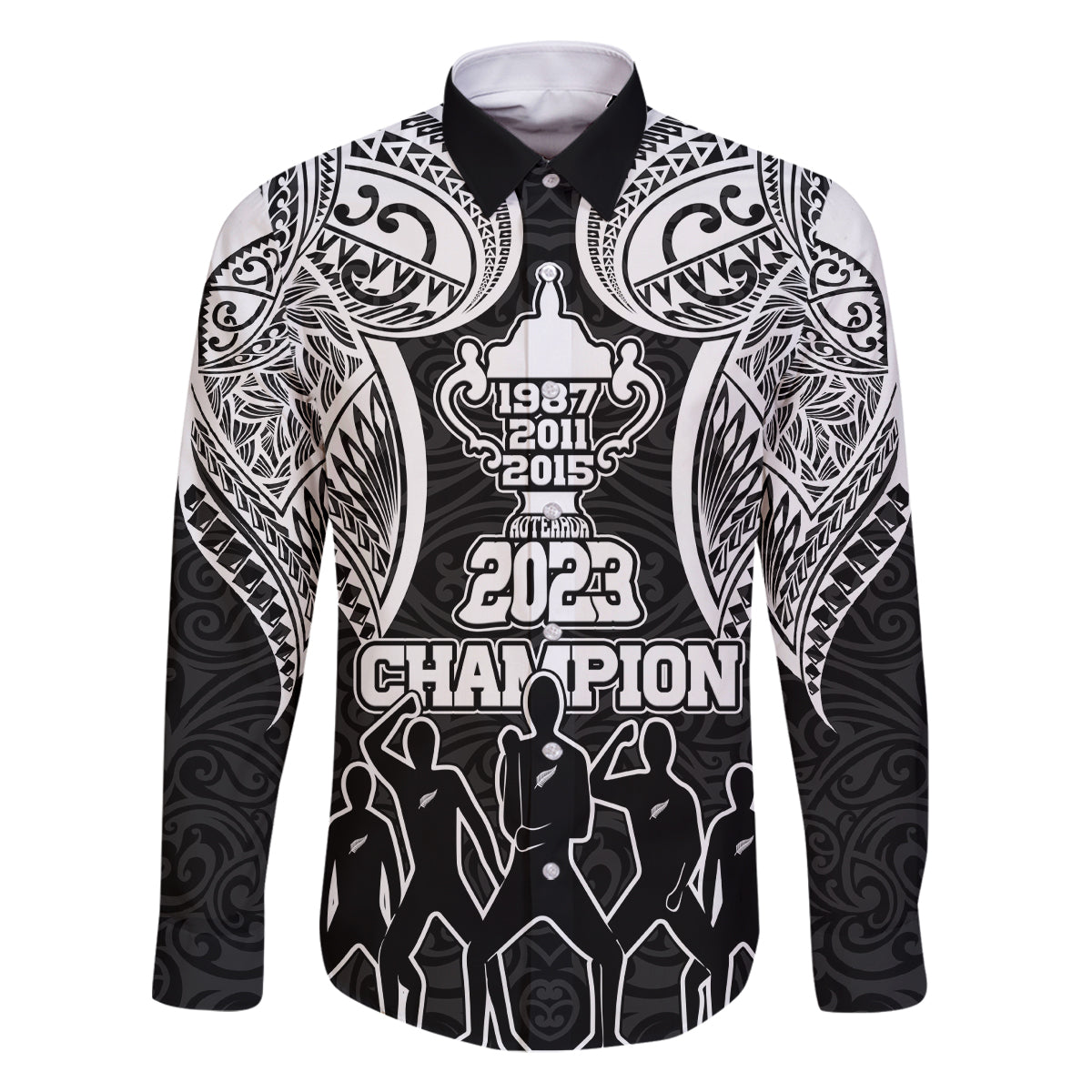 New Zealand Rugby Family Matching Tank Maxi Dress and Hawaiian Shirt Aotearoa Champion Cup History with Haka Dance LT03 Dad's Shirt - Long Sleeve Black - Polynesian Pride