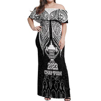 New Zealand Rugby Off Shoulder Maxi Dress Aotearoa Champion Cup History with Haka Dance LT03 Women Black - Polynesian Pride