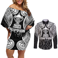 Personalised New Zealand Rugby Couples Matching Off Shoulder Short Dress and Long Sleeve Button Shirt Aotearoa Champion Cup History with Haka Dance LT03 Black - Polynesian Pride