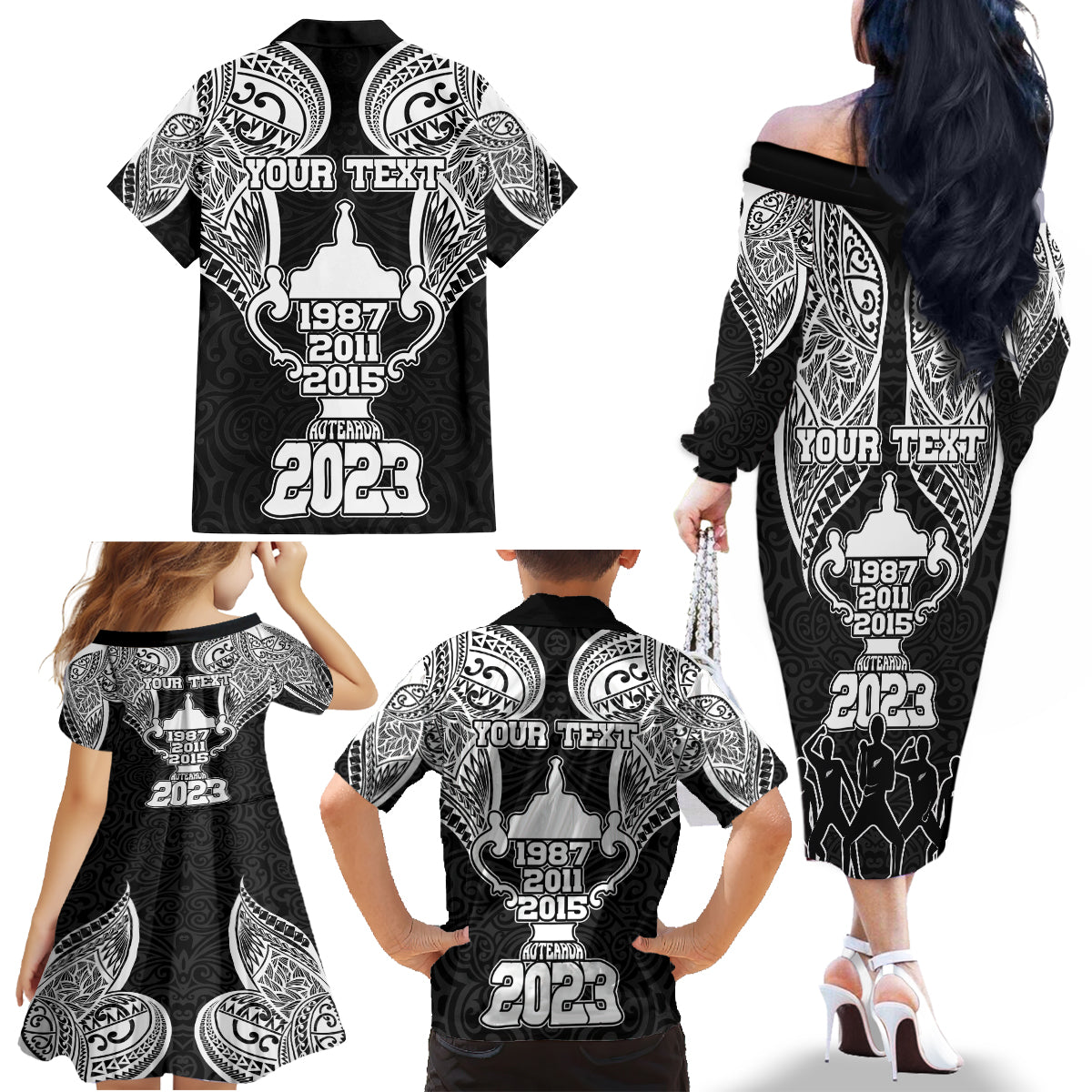 Personalised New Zealand Rugby Family Matching Off Shoulder Long Sleeve Dress and Hawaiian Shirt Aotearoa Champion Cup History with Haka Dance LT03 - Polynesian Pride