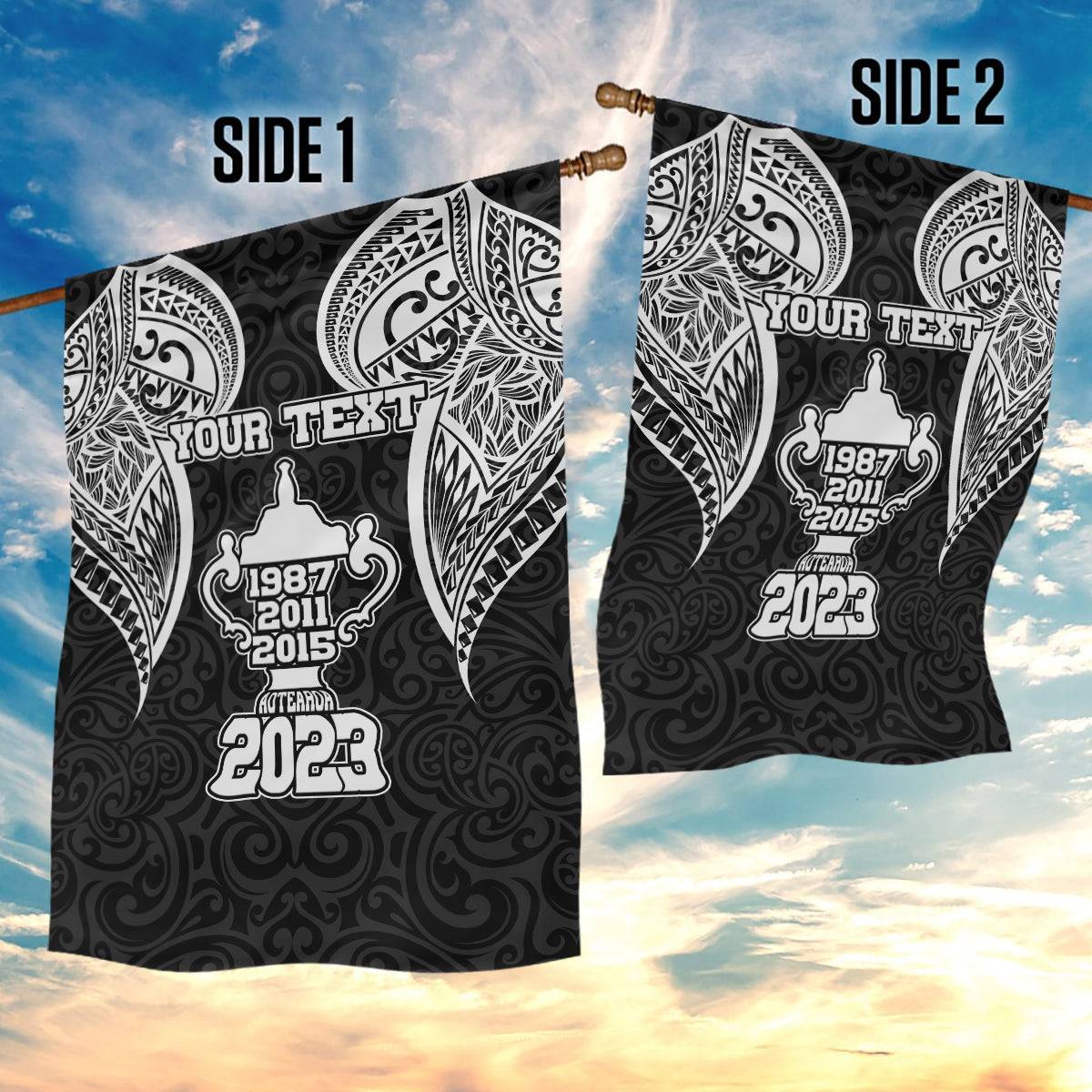 Personalised New Zealand Rugby Garden Flag Aotearoa Champion Cup History with Haka Dance LT03 - Polynesian Pride