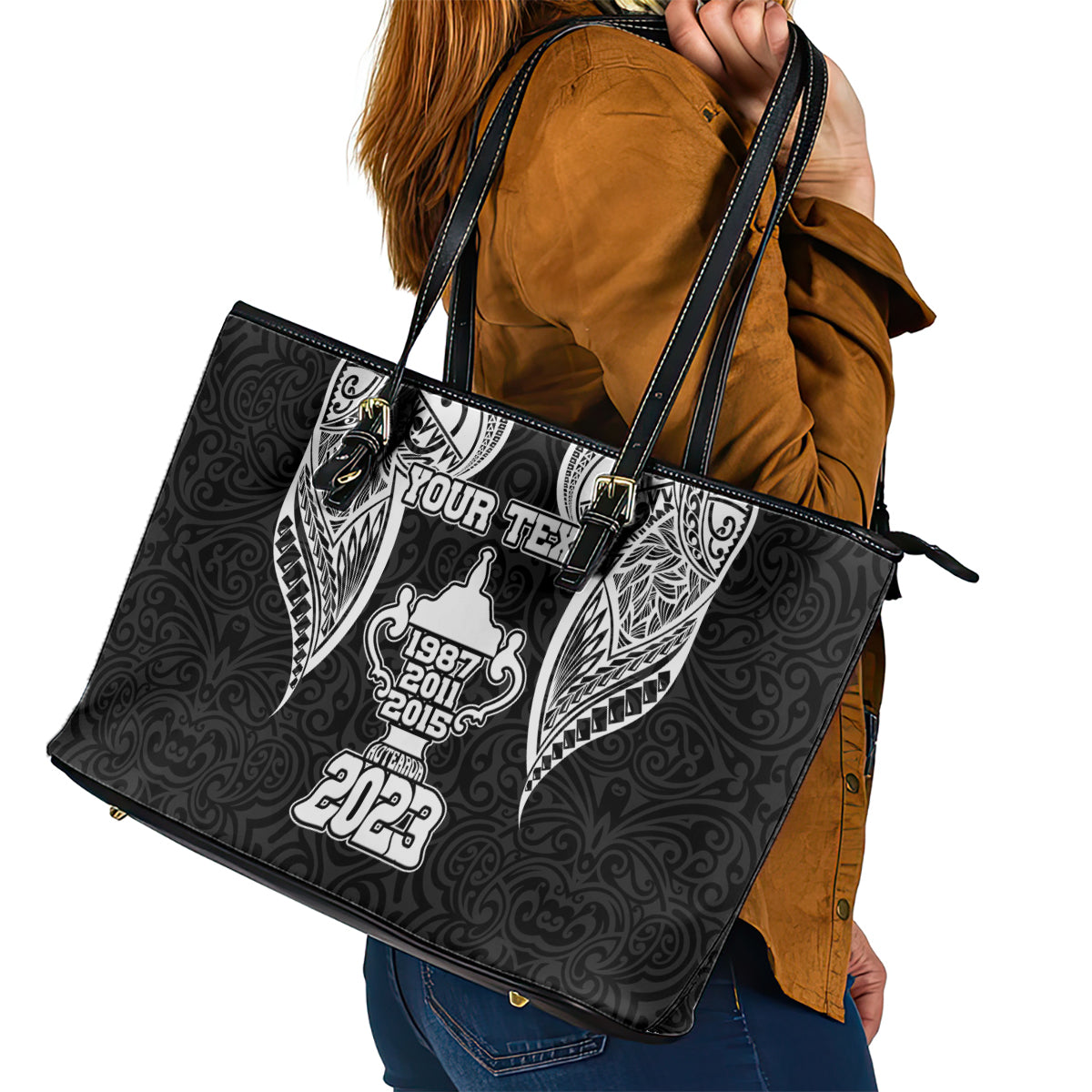 Personalised New Zealand Rugby Leather Tote Bag Aotearoa Champion Cup History with Haka Dance LT03 - Polynesian Pride