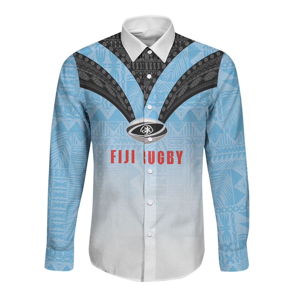 Custom Fijian Rugby Long Sleeve Button Shirt Tapa Pattern Retro Sporty Style LT03 Unisex White - Polynesian Pride