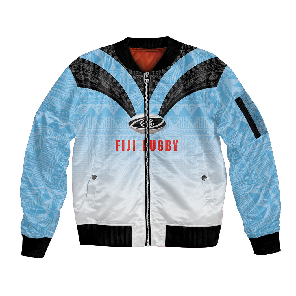 Custom Fijian Rugby Sleeve Zip Bomber Jacket Tapa Pattern Retro Sporty Style