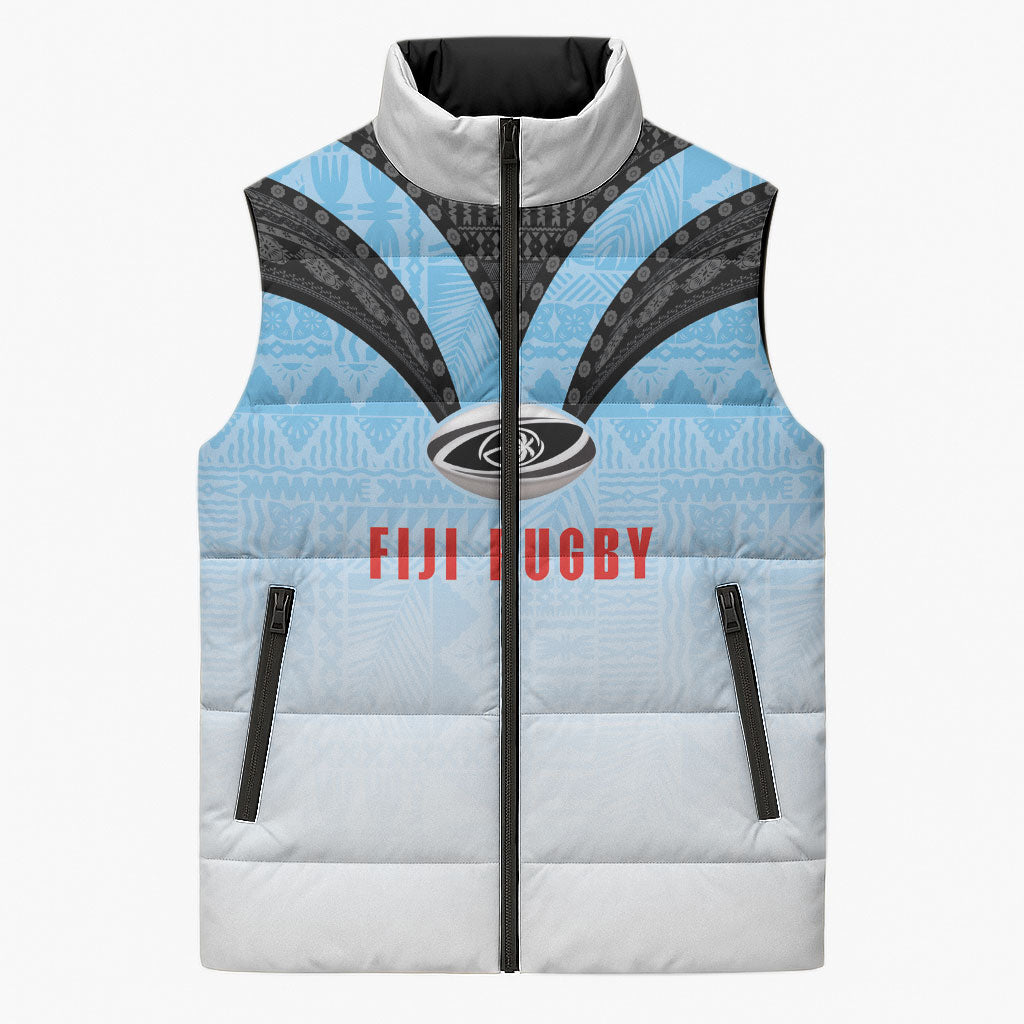 Custom Fijian Rugby Sleeveless Puffer Jacket Tapa Pattern Retro Sporty Style