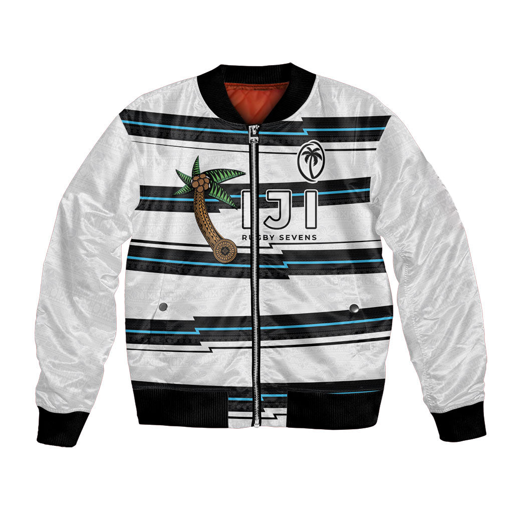 Custom Fijian Rugby Sevens Bomber Jacket Masi Tapa Pattern Stripes Sporty Style
