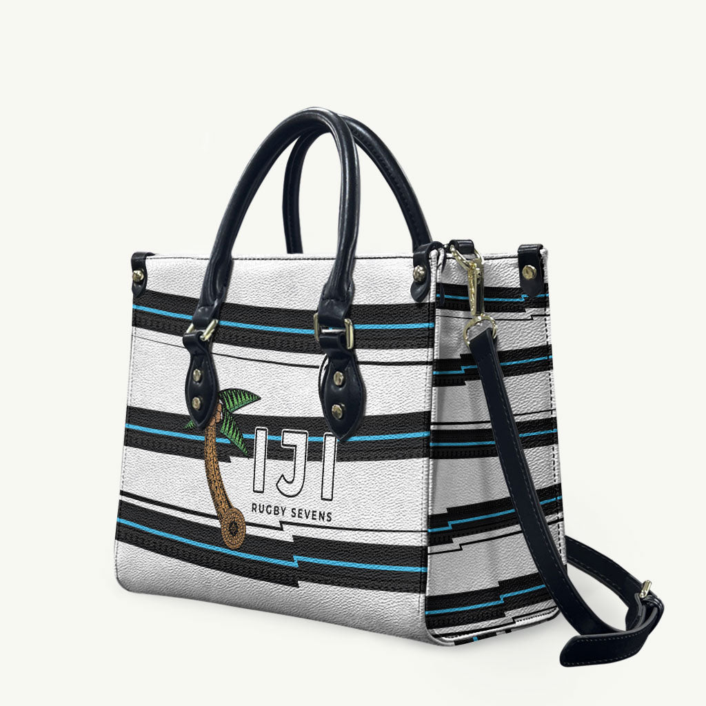 Fijian Rugby Sevens Leather Bag Masi Tapa Pattern Stripes Sporty Style