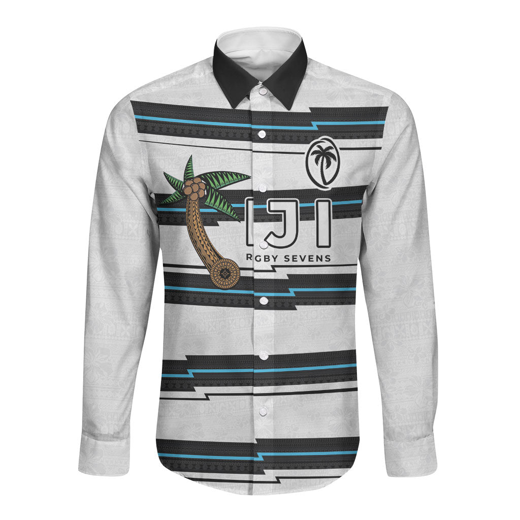 Custom Fijian Rugby Sevens Long Sleeve Button Shirt Masi Tapa Pattern Stripes Sporty Style LT03 Unisex White - Polynesian Pride
