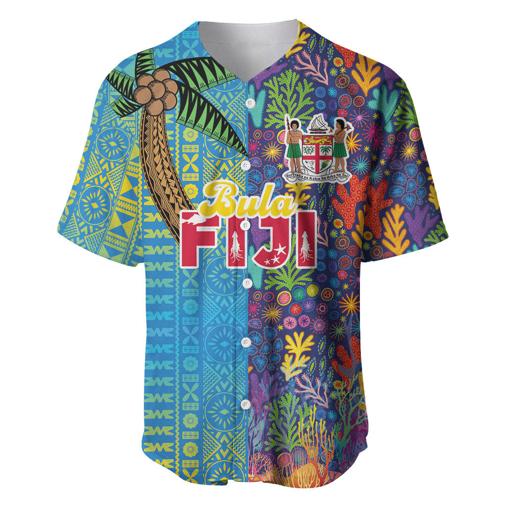 Personalised Fijian Coral Reef Baseball Jersey with Traditional Tapa Pattern Split Style
