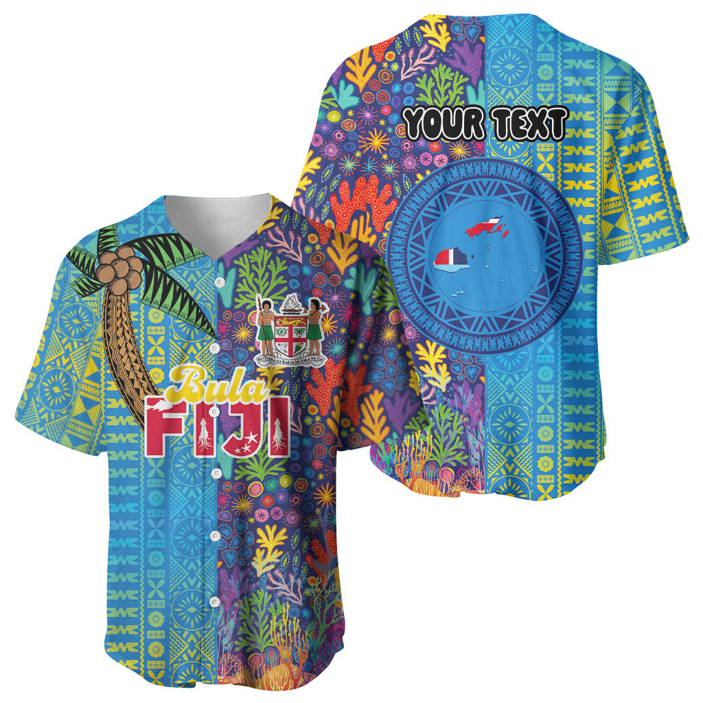 Personalised Fijian Coral Reef Baseball Jersey with Traditional Tapa Pattern Split Style