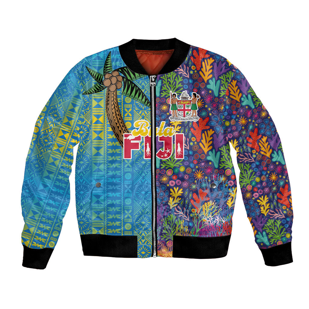 Personalised Fijian Coral Reef Bomber Jacket with Traditional Tapa Pattern Split Style