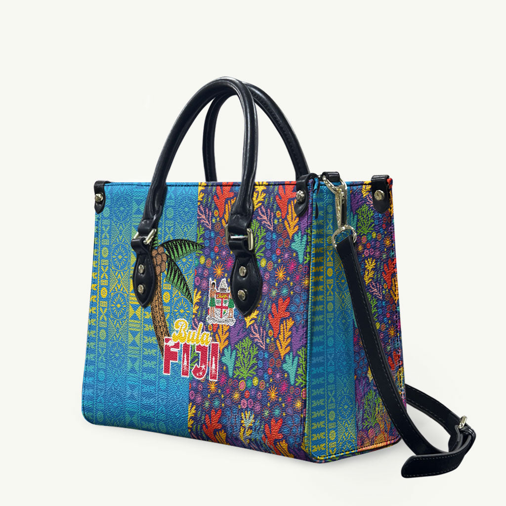 Fijian Coral Reef Leather Bag with Traditional Tapa Pattern Split Style