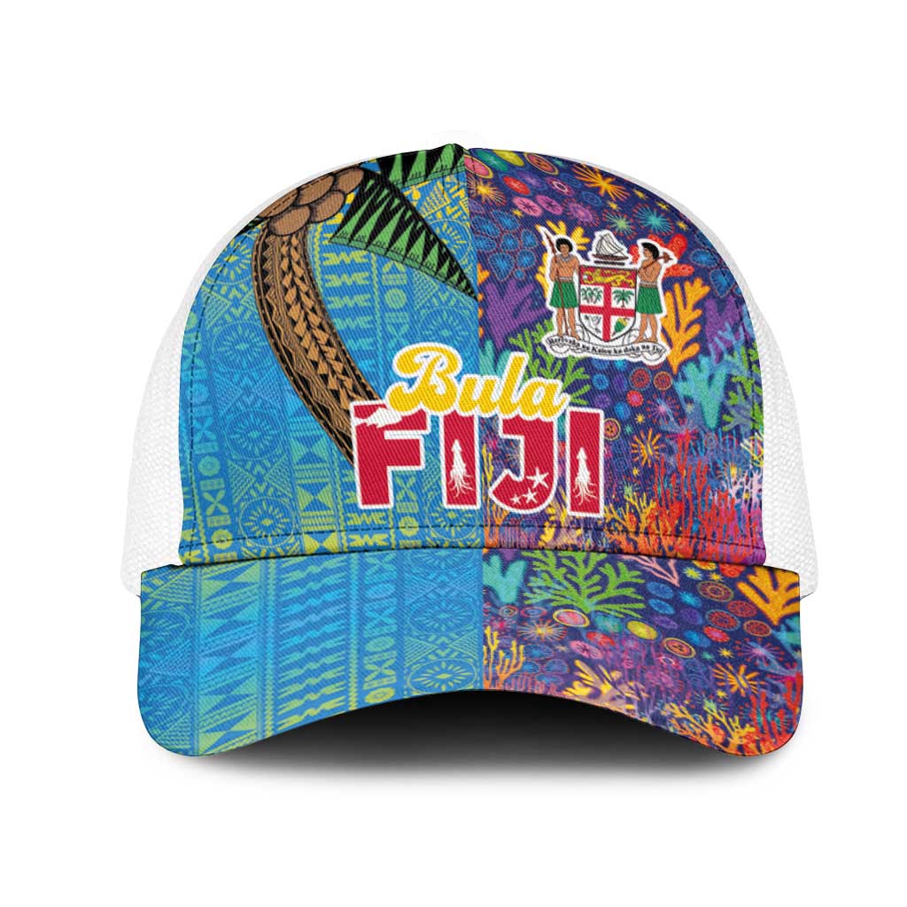 Fijian Coral Reef Mesh Trucker Cap with Traditional Tapa Pattern Split Style