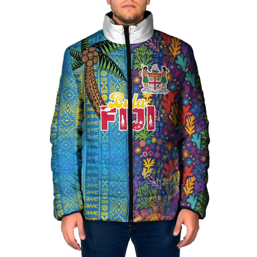 Personalised Fijian Coral Reef Padded Jacket with Traditional Tapa Pattern Split Style