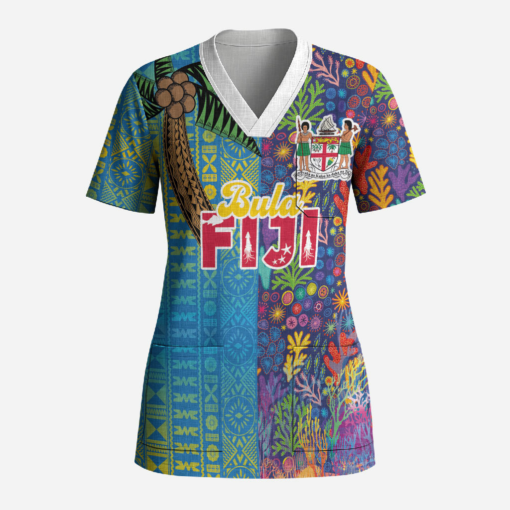Personalised Fijian Coral Reef Scrub Top with Traditional Tapa Pattern Split Style