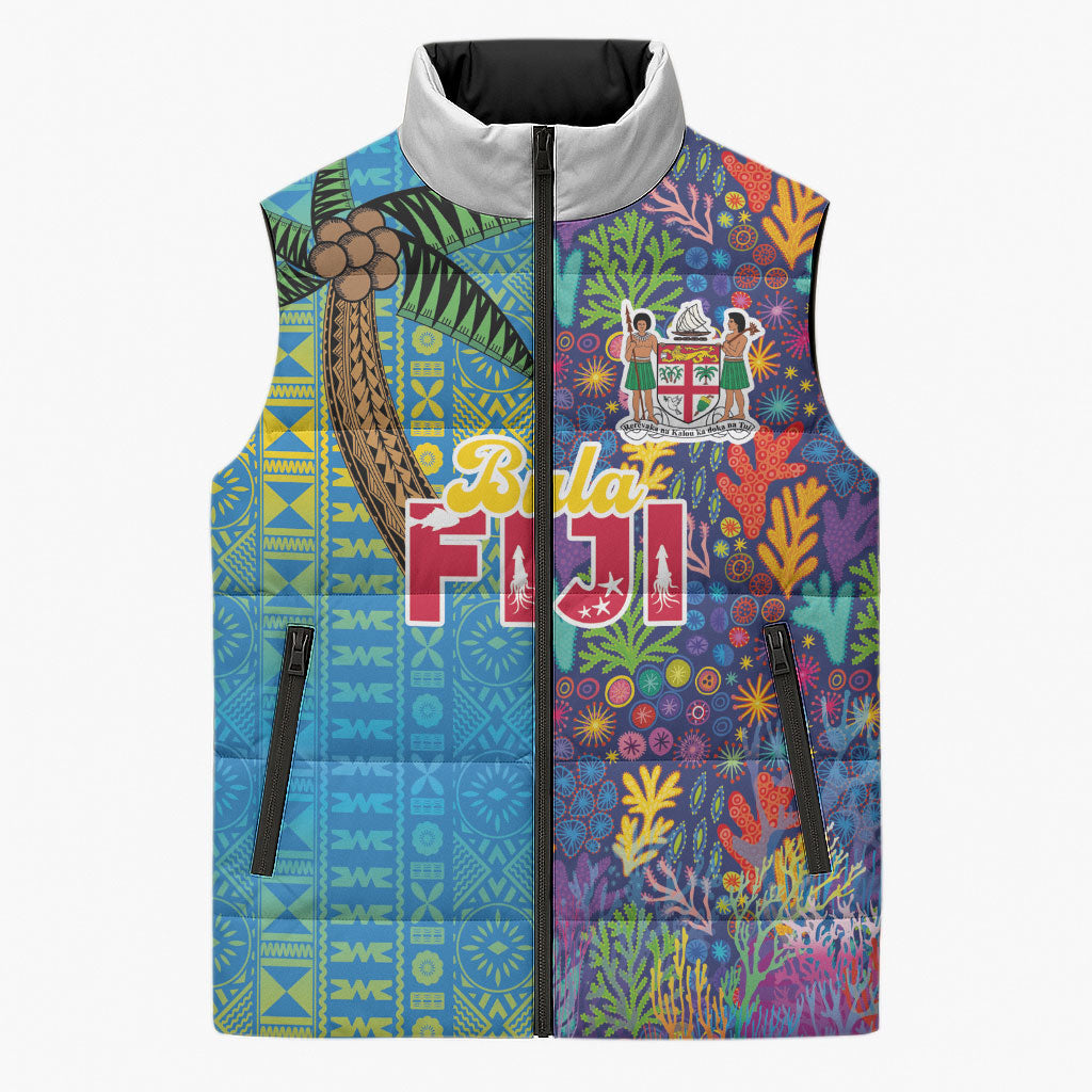 Personalised Fijian Coral Reef Sleeveless Puffer Jacket with Traditional Tapa Pattern Split Style