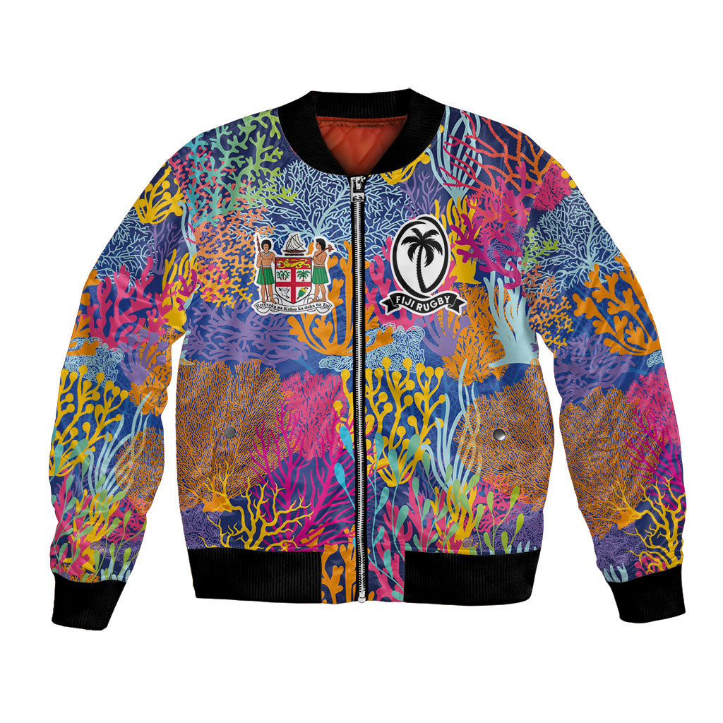Custom Fijian Rugby Bomber Jacket Colorful Coral Reef Pre Match Design