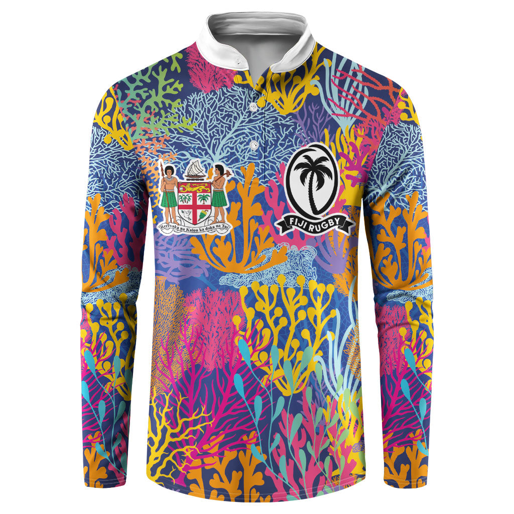 Custom Fijian Rugby Button Sweatshirt Colorful Coral Reef Pre Match Design