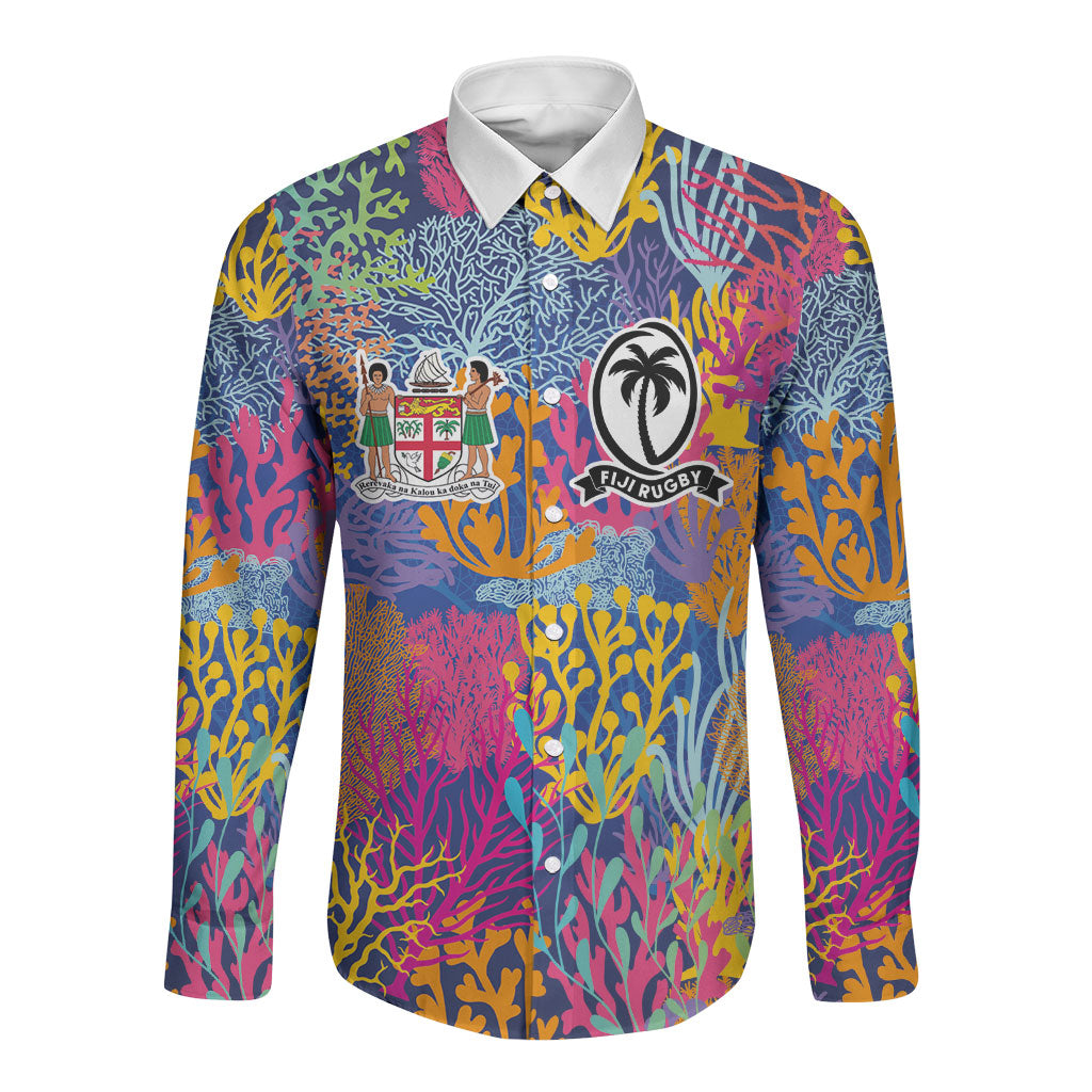 Custom Fijian Rugby Long Sleeve Button Shirt Colorful Coral Reef Pre Match Design LT03 Unisex Multicolor - Polynesian Pride