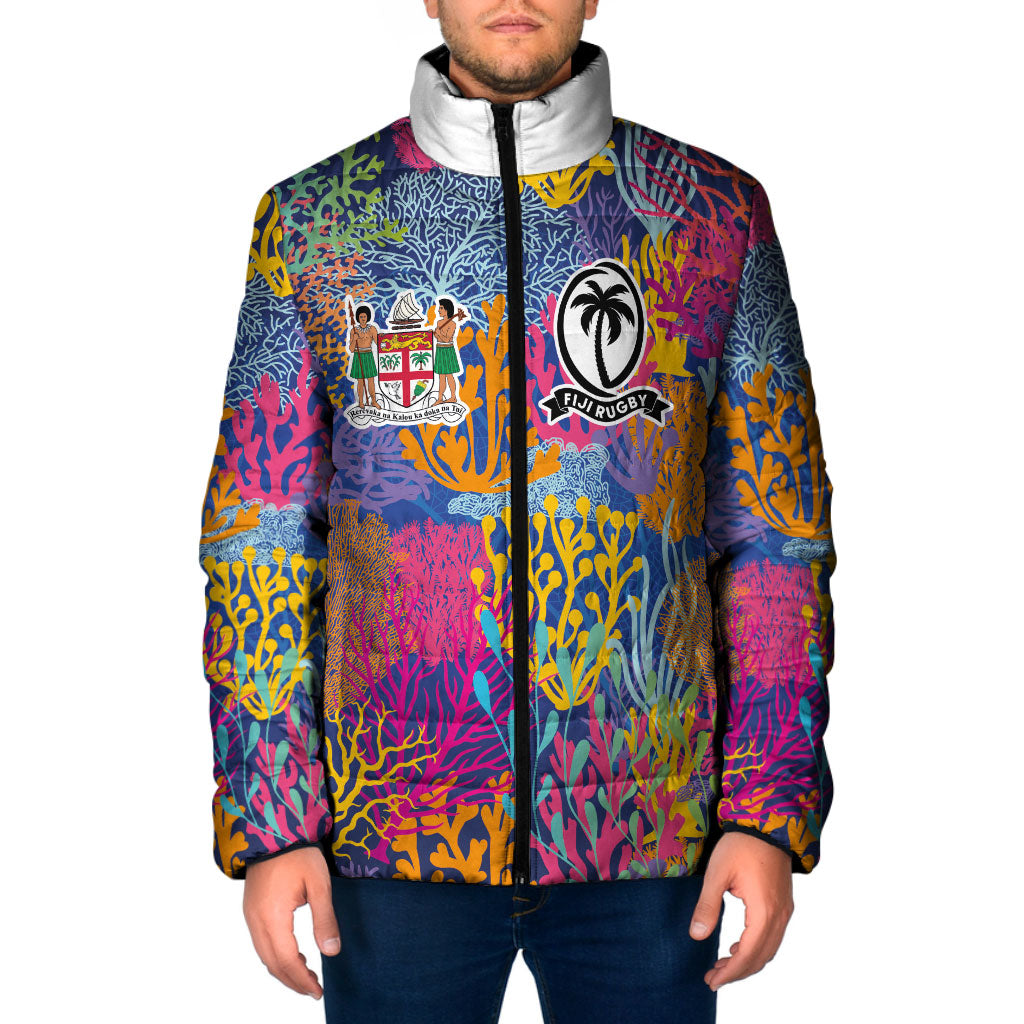 Custom Fijian Rugby Padded Jacket Colorful Coral Reef Pre Match Design