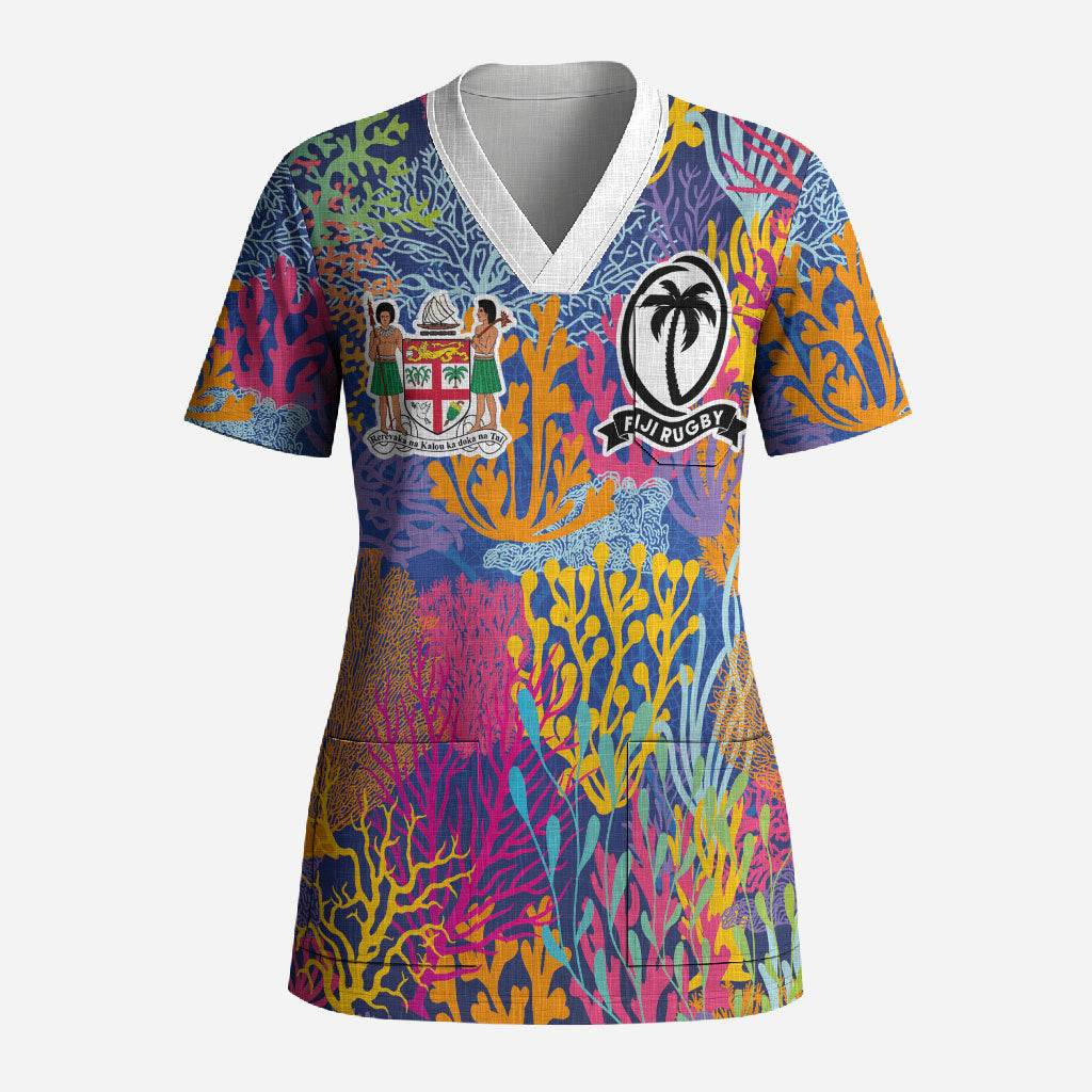 Custom Fijian Rugby Scrub Top Colorful Coral Reef Pre Match Design