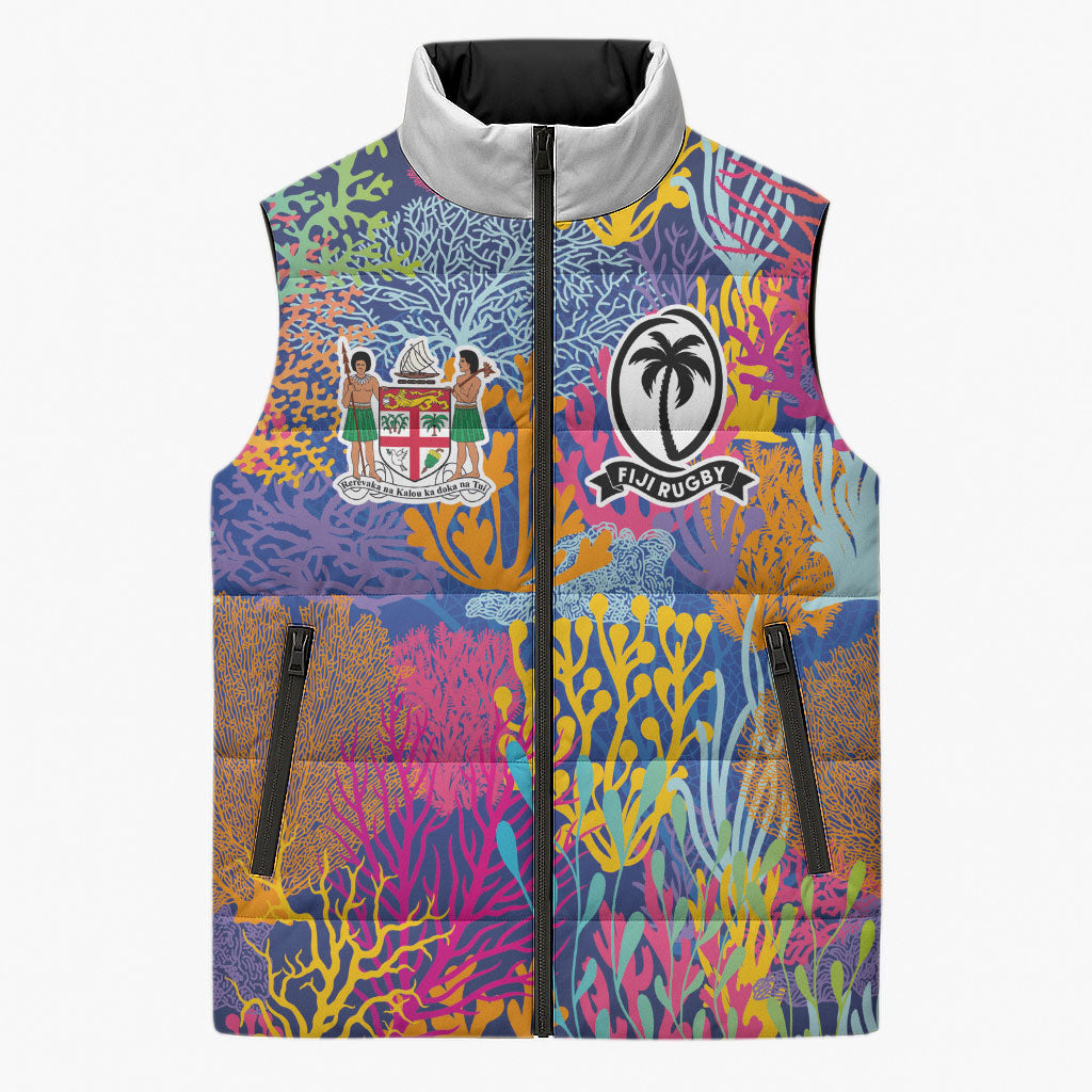Custom Fijian Rugby Sleeveless Puffer Jacket Colorful Coral Reef Pre Match Design LT03 Unisex Multicolor - Polynesian Pride
