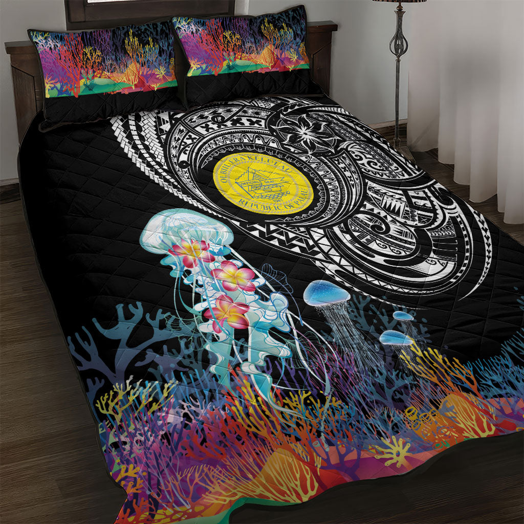 Palau Jellyfish Quilt Bed Set Coral Reef with Polynesian Pattern