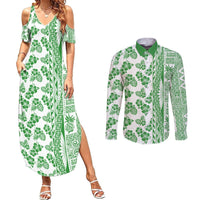 Hawaii Couples Matching Summer Maxi Dress and Long Sleeve Button Shirt Aloha Tropical Plants Tribal Pattern Green Version LT03 Green - Polynesian Pride