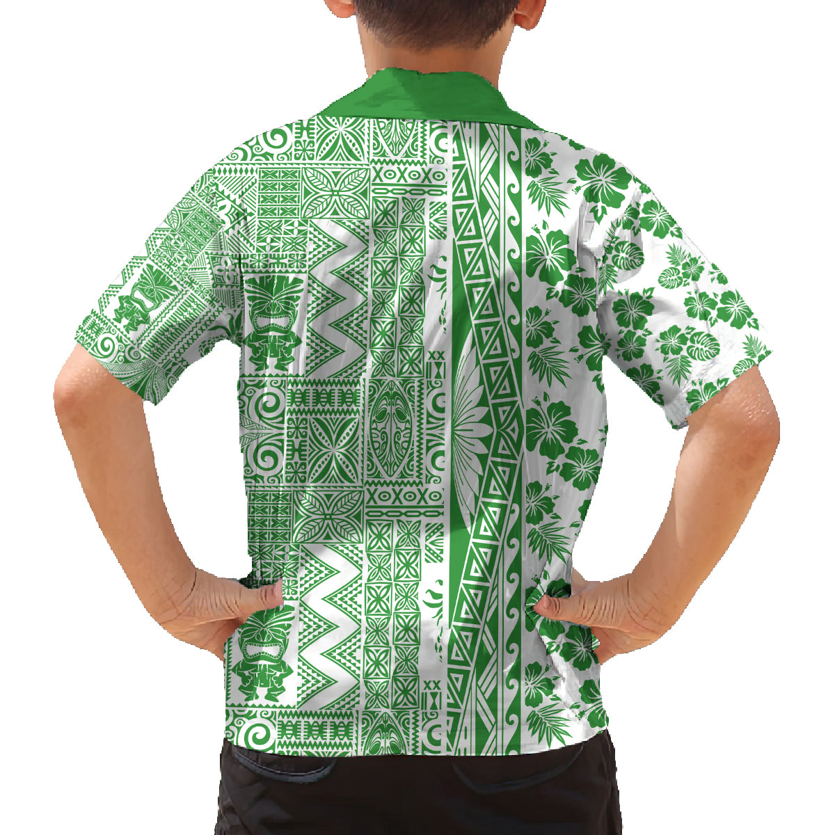 Hawaii Family Matching Long Sleeve Bodycon Dress and Hawaiian Shirt Aloha Tropical Plants Tribal Pattern Green Version LT03 - Polynesian Pride