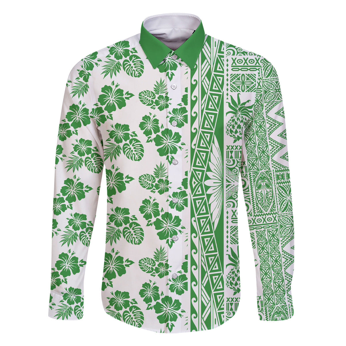 Hawaii Family Matching Long Sleeve Bodycon Dress and Hawaiian Shirt Aloha Tropical Plants Tribal Pattern Green Version LT03 Dad's Shirt - Long Sleeve Green - Polynesian Pride