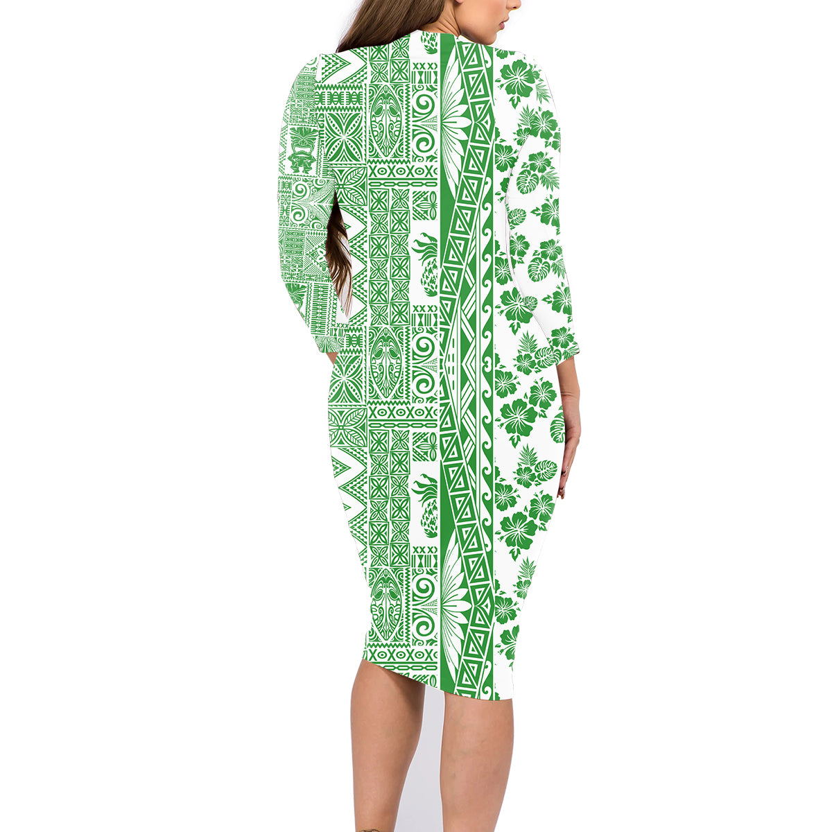 Hawaii Family Matching Long Sleeve Bodycon Dress and Hawaiian Shirt Aloha Tropical Plants Tribal Pattern Green Version LT03 - Polynesian Pride