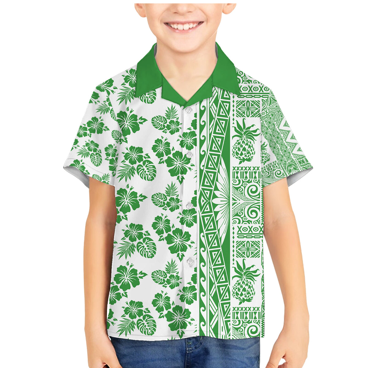 Hawaii Family Matching Mermaid Dress and Hawaiian Shirt Aloha Tropical Plants Tribal Pattern Green Version LT03 Son's Shirt Green - Polynesian Pride