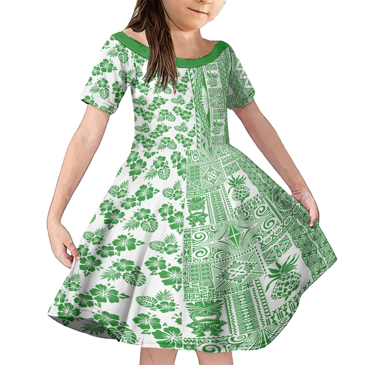 Hawaii Family Matching Off Shoulder Maxi Dress and Hawaiian Shirt Aloha Tropical Plants Tribal Pattern Green Version LT03 Daughter's Dress Green - Polynesian Pride