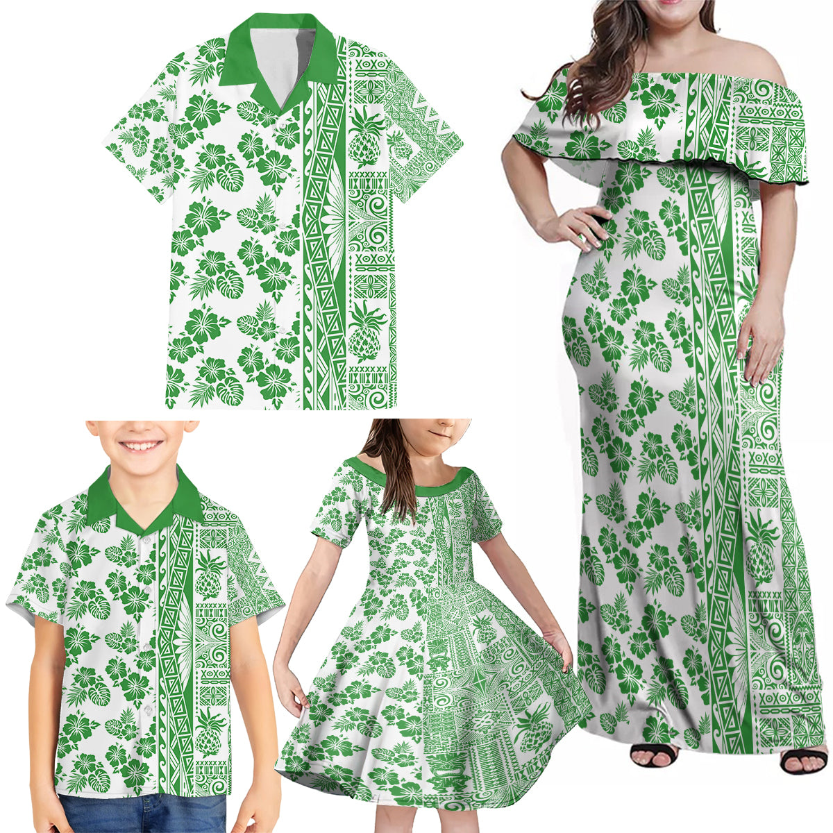 Hawaii Family Matching Off Shoulder Maxi Dress and Hawaiian Shirt Aloha Tropical Plants Tribal Pattern Green Version LT03 - Polynesian Pride