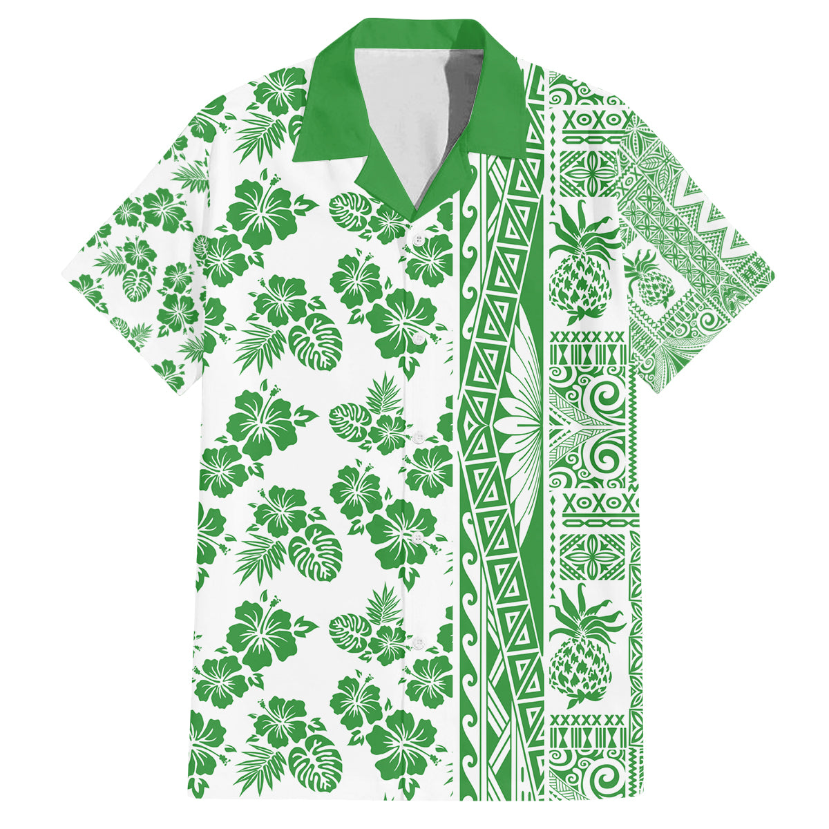 Hawaii Family Matching Off Shoulder Maxi Dress and Hawaiian Shirt Aloha Tropical Plants Tribal Pattern Green Version LT03 Dad's Shirt - Short Sleeve Green - Polynesian Pride