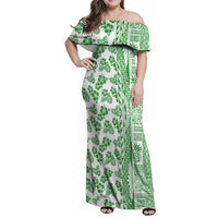 Hawaii Family Matching Off Shoulder Maxi Dress and Hawaiian Shirt Aloha Tropical Plants Tribal Pattern Green Version LT03 Mom's Dress Green - Polynesian Pride